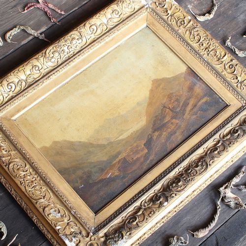 English School Mountainous Landscape with Figures, Antique Oil Painting