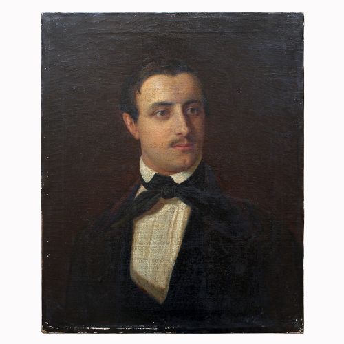 fig 1. Continental Portrait Of A Gentleman With A Black Bow Tie, Antique Oil Painting