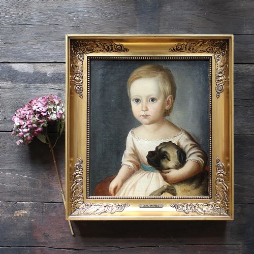 David Monies, Portrait of a Young Lady and Her Dog, Antique Oil Painting