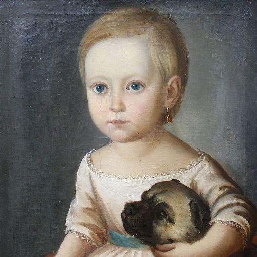 fig 1. David Monies, Portrait Of A Young Lady And Her Dog, Antique Oil Painting