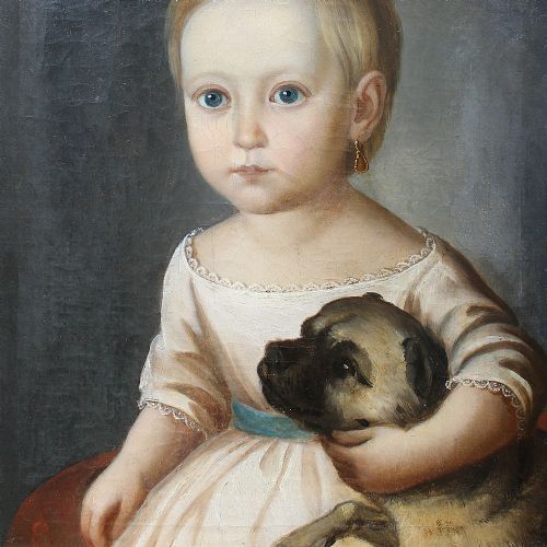 fig 3. David Monies, Portrait Of A Young Lady And Her Dog, Antique Oil Painting
