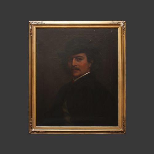 fig 1. Dark Portrait Of A Gentleman With A ‘Pork Pie’ Hat, 1920s Oil Painting