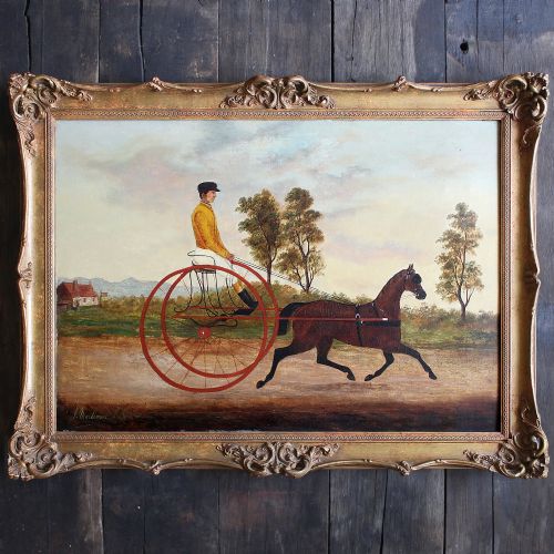 J Mortimer, Pony & Trap with Rider, Naive, Provincial Antique Oil Painting