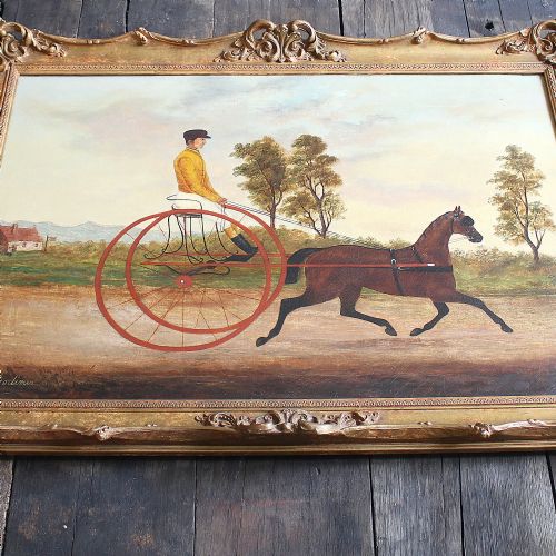 fig 1. J Mortimer, Pony & Trap With Rider, Naive, Provincial Antique Oil Painting