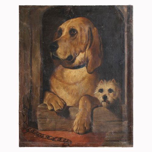 fig 1. After Sir Edwin Landseer, Dignity & Impudence, Antique English Oil Painting, Dogs, Victorian