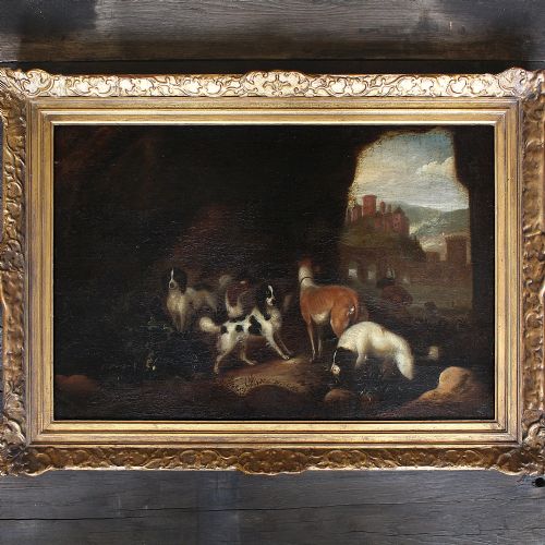 18th-century Hunting Dogs in a Cave, Antique Oil Painting