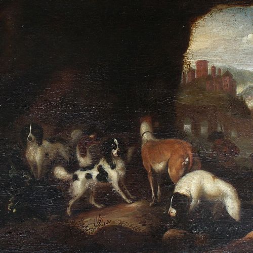 fig 1. 18th-Century Hunting Dogs In A Cave, Antique Oil Painting