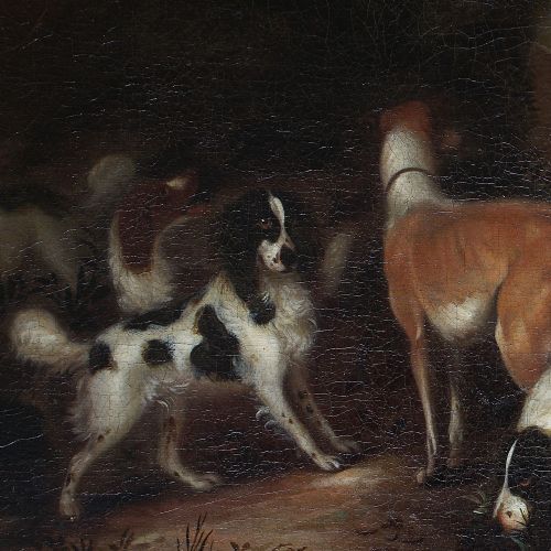 fig 2. 18th-Century Hunting Dogs In A Cave, Antique Oil Painting