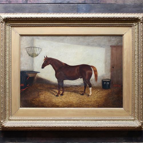 Chestnut Stallion in a Stable Interior, Antique Equestrian Oil Painting, Horse