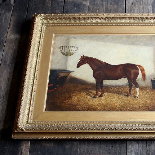 fig 1. Chestnut Stallion In A Stable Interior, Antique Equestrian Oil Painting, Horse