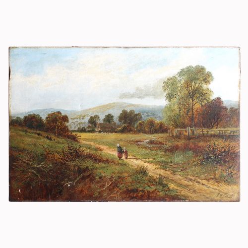 fig 1. FW Hinsley, Rural British Landscape With Figures And Distant Hills, Antique Oil Painting, Countryside
