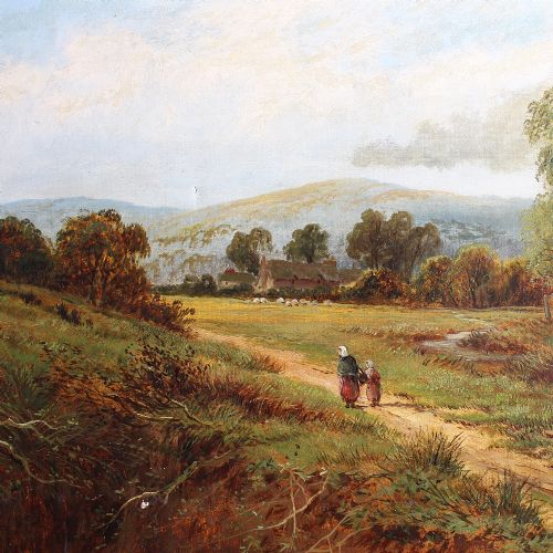fig 2. FW Hinsley, Rural British Landscape With Figures And Distant Hills, Antique Oil Painting, Countryside