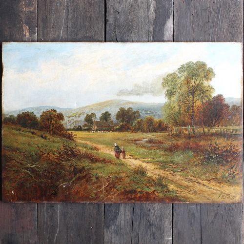 Fw Hinsley, Rural British Landscape with Figures and Distant Hills, Antique Oil Painting, Countryside
