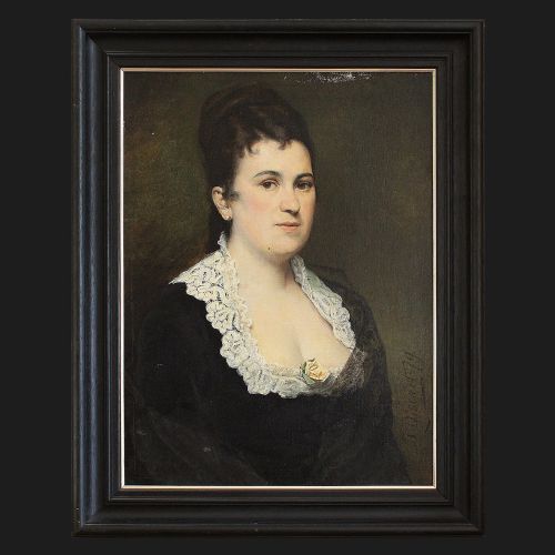 Jean Baptiste Discart, Large Portrait of a Lady with a Yellow Rose, Antique Oil Painting