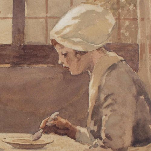 fig 2. Hutton Mitchell, Evening Meal, Beautiful Genre Scene, Antique Painting