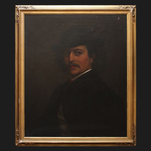 Dark Portrait of a Gentleman with a ‘Pork Pie’ Hat, 1920s Oil Painting
