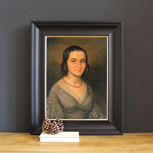 fig 2. Portrait Of A Lady With A Coral Necklace, Mid-19th Century Antique French Oil Painting