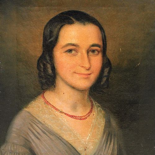 Portrait of a Lady with a Coral Necklace, Mid-19th Century Antique French Oil Painting