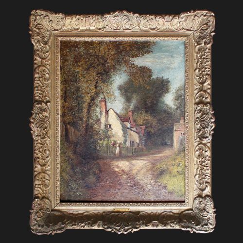 fig 1. Charles James Parry, Figures By Cottages On Country Lane, Antique Landscape Painting