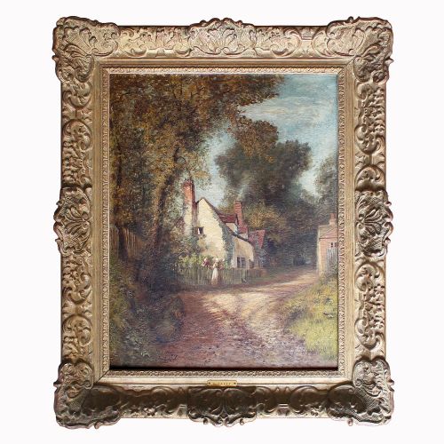 Charles James Parry, Figures by Cottages on Country Lane, Antique Landscape Painting