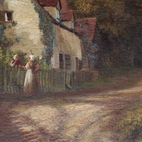 fig 2. Charles James Parry, Figures By Cottages On Country Lane, Antique Landscape Painting