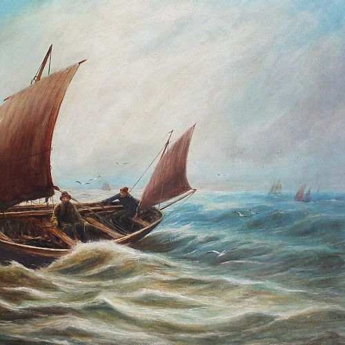 fig 1. Bernard Benedict Hemy, c. 1875, Newcastle Artist, Fishing Boat In Choppy Waters, Antique Boat Painting, Antique Oil Painting