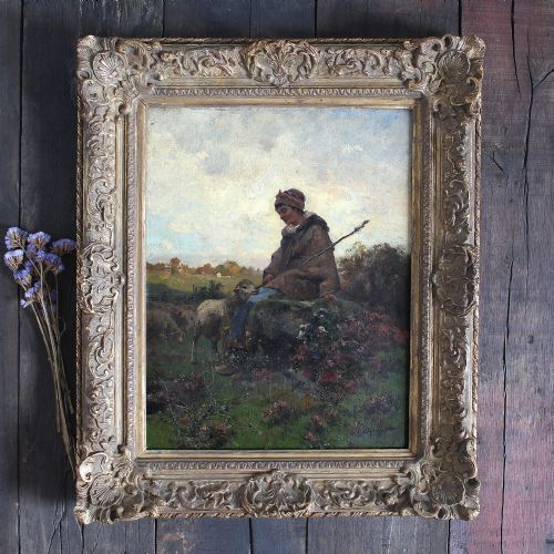 Emile Charles Dameron, the Young Shepherdess, Antique Oil Painting