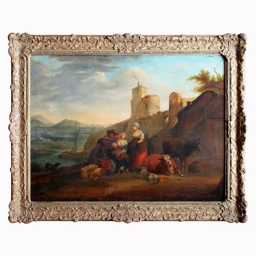 Large 18th-century Classical Landscape with Peasant Family, Antique Oil Painting