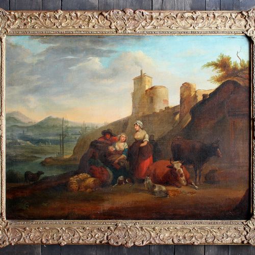 fig 2. Large 18th-Century Classical Landscape With Peasant Family, Antique Oil Painting
