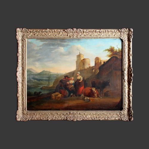 fig 1. Large 18th-Century Classical Landscape With Peasant Family, Antique Oil Painting