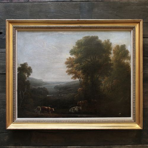 Pastoral Landscape with River View, Antique Oil Painting