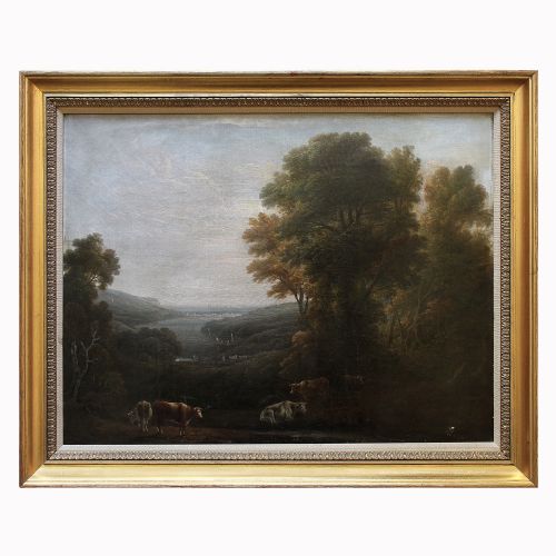 fig 1. Pastoral Landscape With River View, Antique Oil Painting
