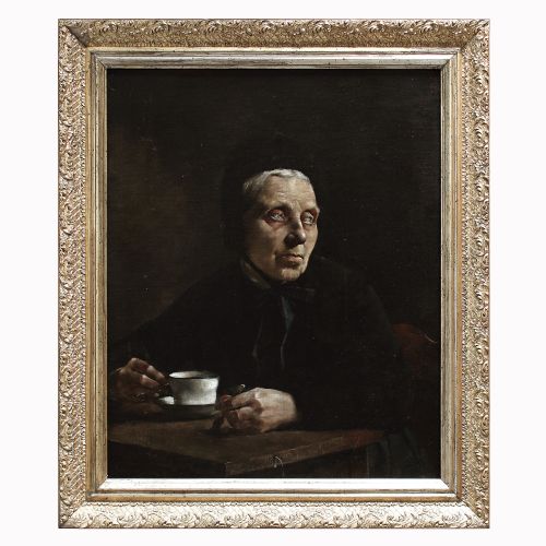 Portrait of an Older Lady with a Teacup, Dark Antique Oil Painting