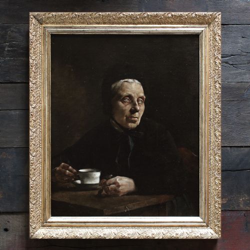 fig 1. Portrait Of An Older Lady With A Teacup, Dark Antique Oil Painting