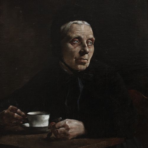 fig 2. Portrait Of An Older Lady With A Teacup, Dark Antique Oil Painting