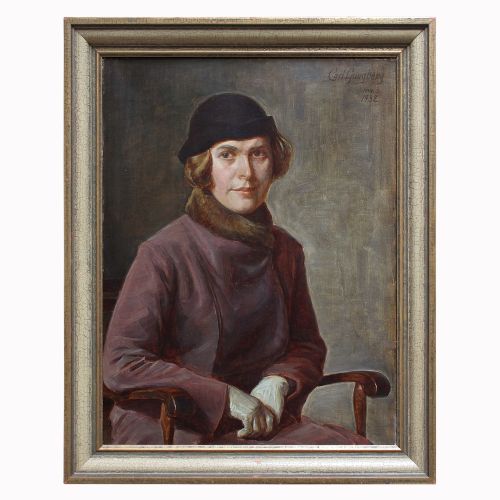 fig 1. Carl Ljungberg, Portrait Of A Seated Lady With A Purple Coat, 1930s Swedish Oil Painting