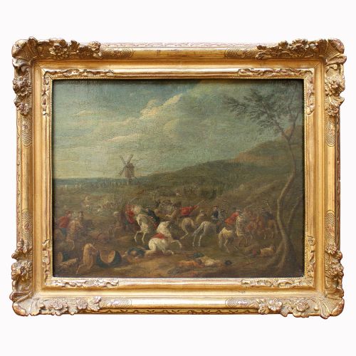 18th-century Battle Scene with Windmill, Antique Flemish Oil Painting
