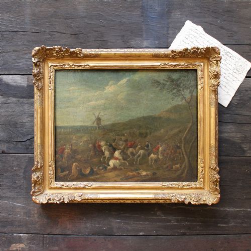 fig 1. 18th-Century Battle Scene With Windmill, Antique Flemish Oil Painting