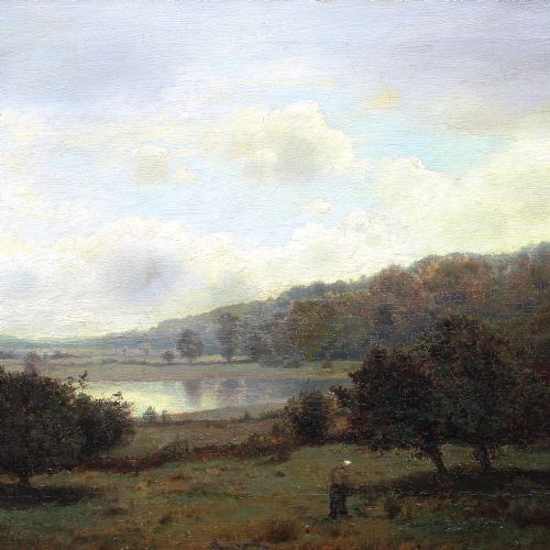 fig 1. Henry Pember Smith, Landscape With Lake, Late 19th Century Homestead, Antique Oil Painting