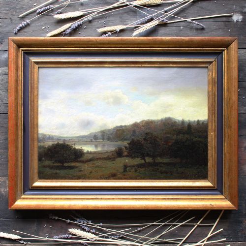 fig 2. Henry Pember Smith, Landscape With Lake, Late 19th Century Homestead, Antique Oil Painting