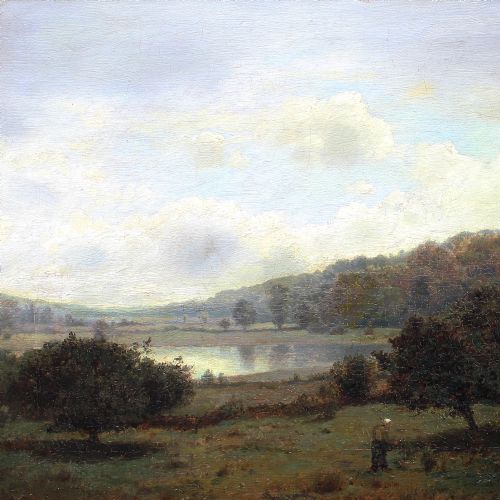 fig 3. Henry Pember Smith, Landscape With Lake, Late 19th Century Homestead, Antique Oil Painting