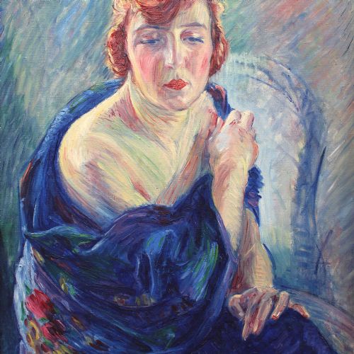 fig 2. William Malherbe, Lady In A Blue Wrap, 1920s Oil On Canvas, Portrait, Deco