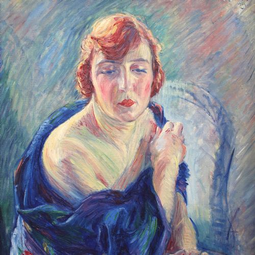 fig 3. William Malherbe, Lady In A Blue Wrap, 1920s Oil On Canvas, Portrait, Deco