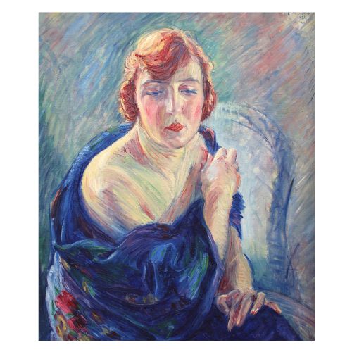 William Malherbe, Lady in a Blue Wrap, 1920s Oil on Canvas, Portrait, Deco