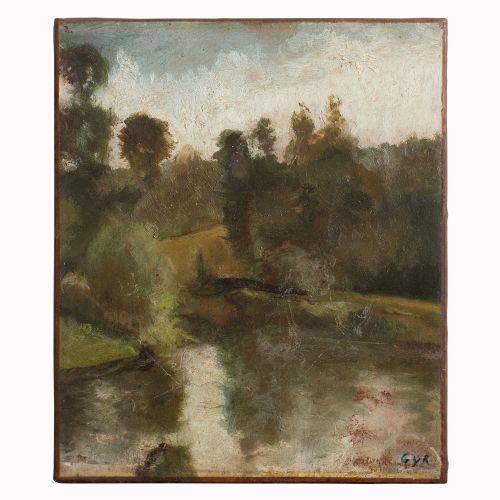 Small Barbizon School Landscape Painting, Edge of Pond
