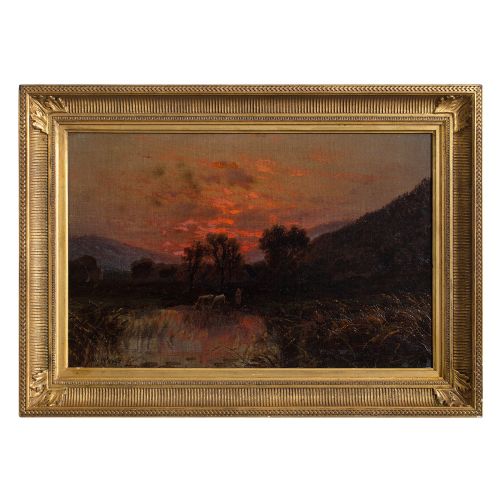 19th Century Pastoral Scene at Dusk, French Oil Painting