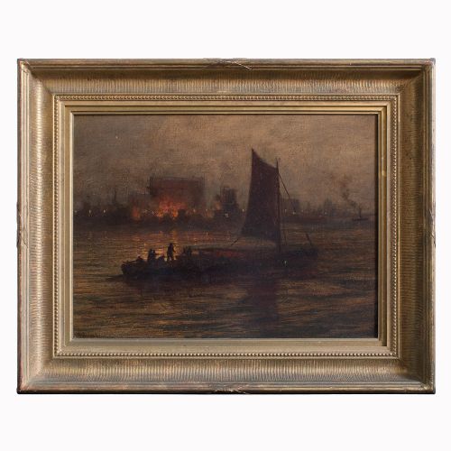 Night Fire, 19th-century Continental Harbour Scene
