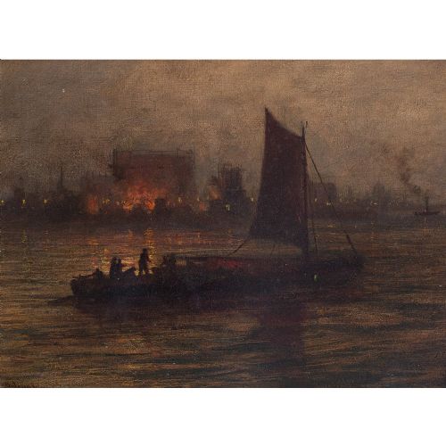 fig 1. Night Fire, 19th-Century Continental Harbour Scene