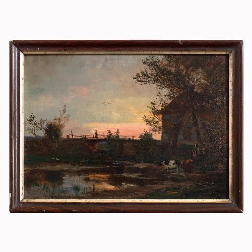 Francois Charles Cachoud, Rural Evening View with Figures and Cattle, Oil Painting, Pastoral Scene, Sunset
