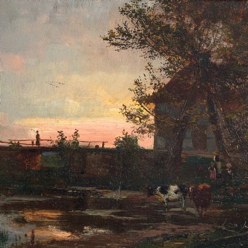 fig 1. Francois Charles Cachoud, Rural Evening View with Figures and Cattle, Oil Painting, Pastoral Scene, Sunset